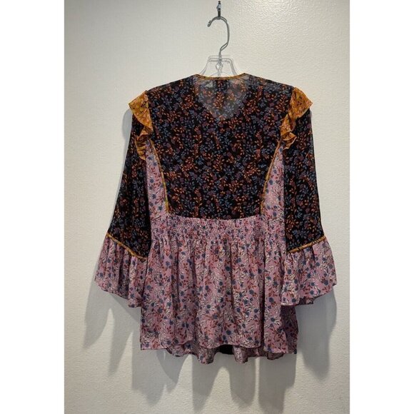SUI By Anna Sui Size XS Falling Leaves Floral Print Blouse Peasant Sheer Boho - Picture 2 of 8